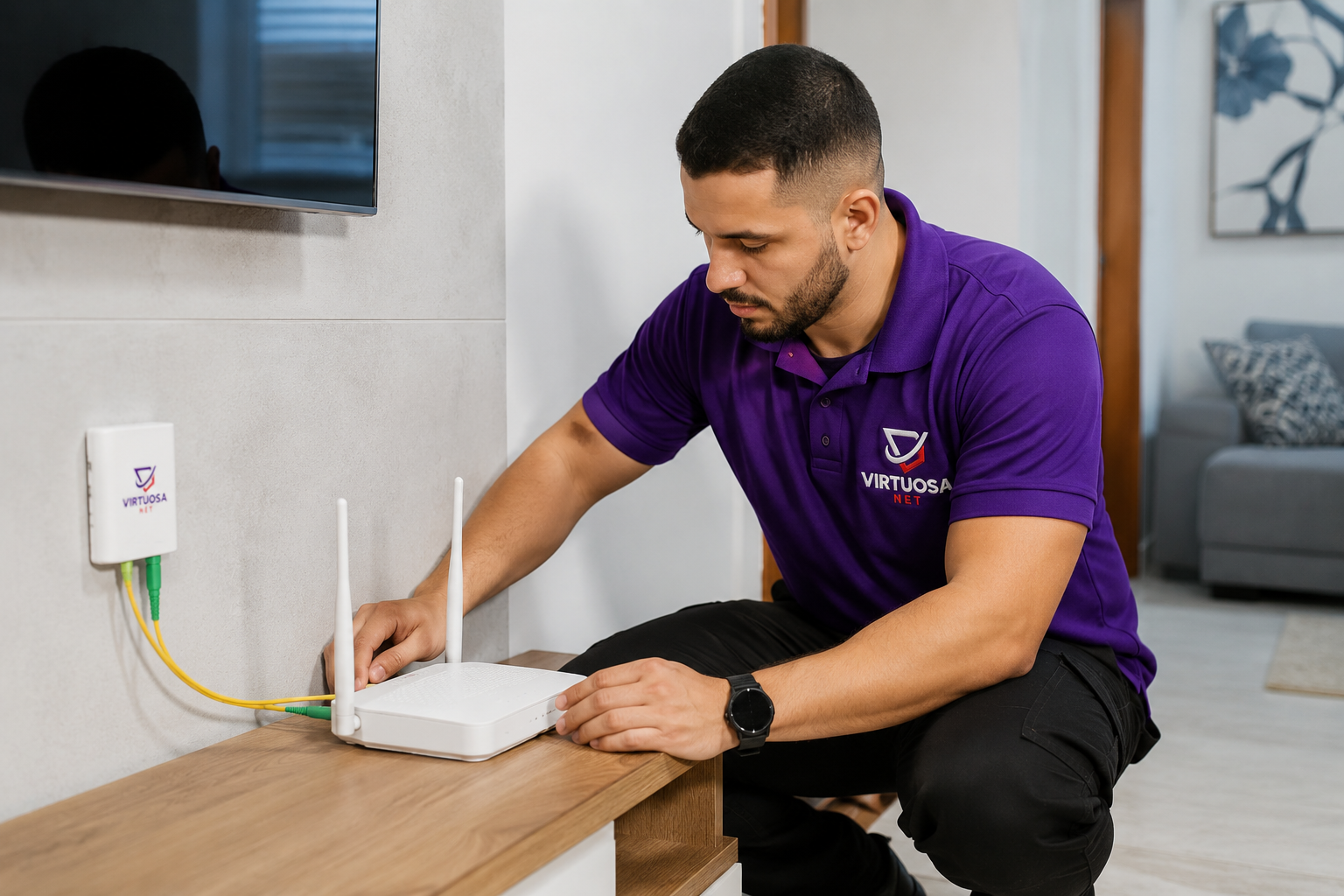 Técnico da Virtuosa Net realizando instalação de internet fibra óptica